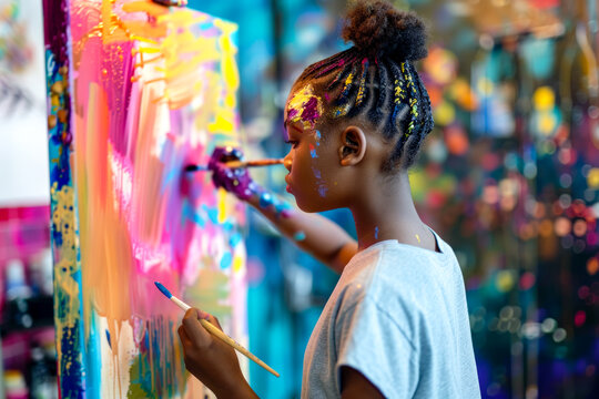 Young girl painting on wall with colorful paint on her face and brush in her other hand.