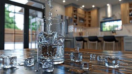 a glass filled with water sitting on top of a wooden table next to a glass vase filled with ice cubes.