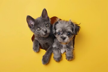 Funny gray kitten and smiling dog on trendy yellow background, pug breed climbs out of hole in colored background. Wide angle horizontal wallpaper or web banner - generative ai