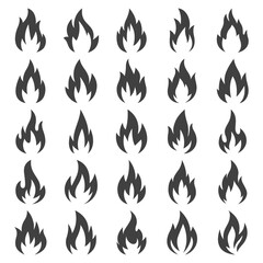 Vector Fire Flame Icon Set, Isolated. Campfire Shape Sign, Bonfire Design Template for Outdoor, Adventure, Nature Concept. Black White Color Flame Icon in Front View