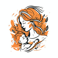 Mother with baby in cartoon doodle style . Image fo