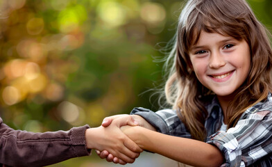 Close up of child shaking another child's hand with trees in the background.