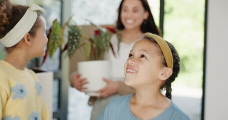 Family, moving and excited kids in new home walking with happiness from front door with mom and dad. Happy, children and thinking of future in house with energy, inspiration and ideas for relocation
