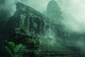 Mysterious ancient ruins in a misty jungle, lost civilization concept, digital illustration - obrazy, fototapety, plakaty