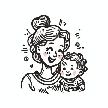 Mother with baby in cartoon doodle style . Image fo