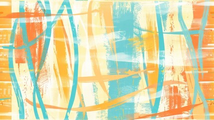 an abstract painting of blue, yellow, orange, and white lines and strips of paint on a white background.