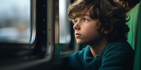 A lonely sad boy looks through the window of a moving train. Homeless orphan. Generative AI.