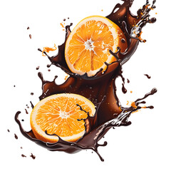 Orange Slices Dancing in Zero Gravity with a Splash of Dark Chocolate in a Digital Painting  isolated on white background PNG transparent background
