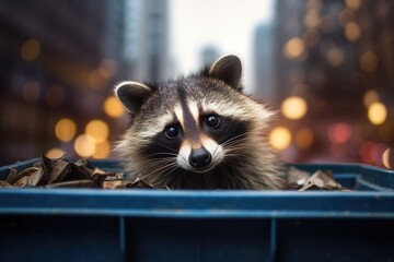 Raccoon in a trash can, blurred city street background