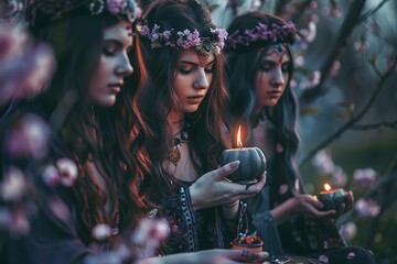 Mysterious witches perform spring equinox renewal ritual in blooming nature, spiritual meditation concept