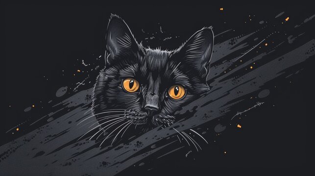 A black cat with yellow eyes on a dark background, AI