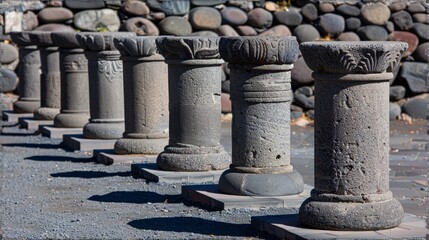 a row of stone pillars sitting next to each other on top of a stone floor next to a pile of rocks.