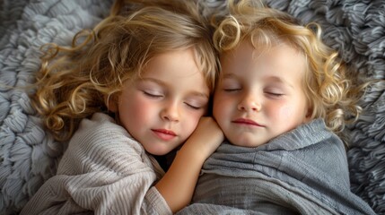Two little girls sleeping together on a blanket with their heads touching, AI