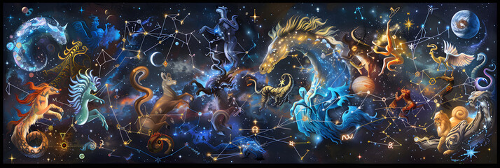 Zodiac Constellations: Celestial Symphony of Astrological Signs - obrazy, fototapety, plakaty