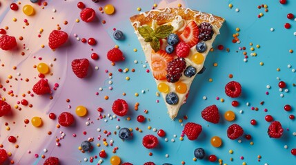 A slice of pizza with berries and jelly beans on a blue background, AI - Powered by Adobe