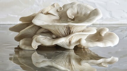 a close up of a group of mushrooms on a surface with a reflection in the water and a wall in the background.