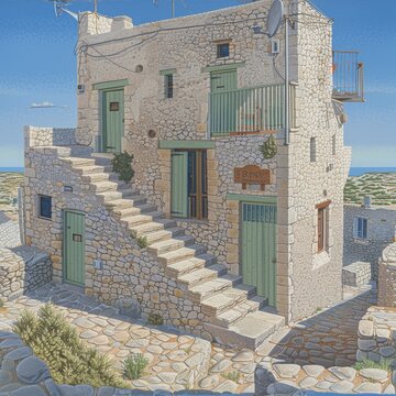 a painting of a stone building with green shutters and a staircase leading up to the upper level of the building.
