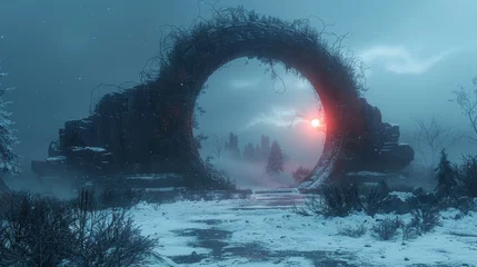 Foto auf Acrylglas Raster illustration of a magic portal on a winter landscape backdrop. 3D rendering. © DZMITRY