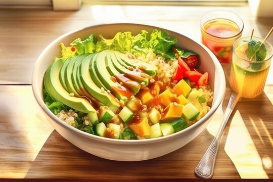 a bowl of food with quinoa, vegetables and avocado on a wooden table