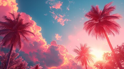 Retro-style palm tree landscape with sky.