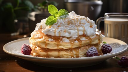 A plate of pancakes topped with whipped cream and raspberries