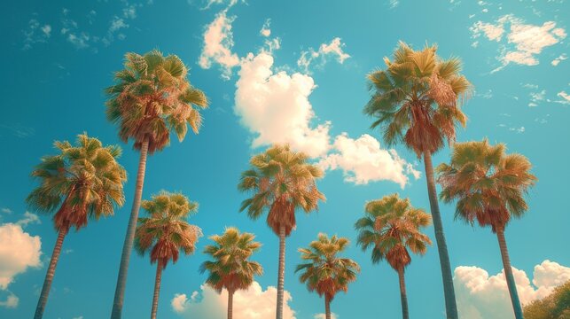 In retro style, a palm tree and sky are framed by a retro landscape.