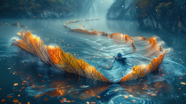 A boater floats inside an colorful leaf, in the style of captivating documentary photos