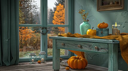a painting of a table with pumpkins, a vase, and a candle on it in front of a window.