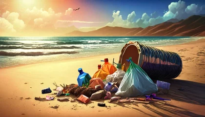Foto op Plexiglas Ilustração de coleta de lixo. Lixo na praia. Meio ambiente. © Rmcarvalhobsb