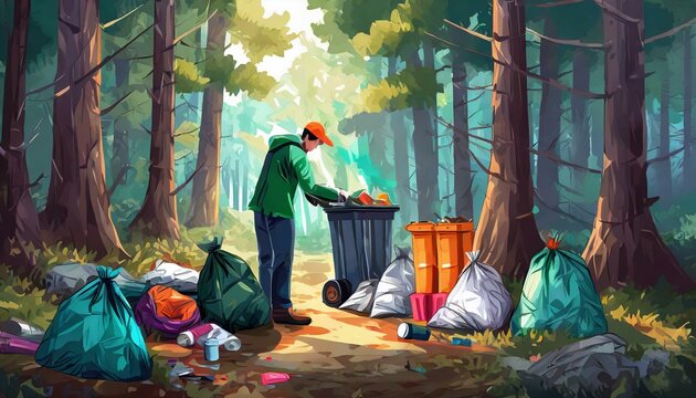 Ilustração de coleta de lixo. Um homem coletando lixo.