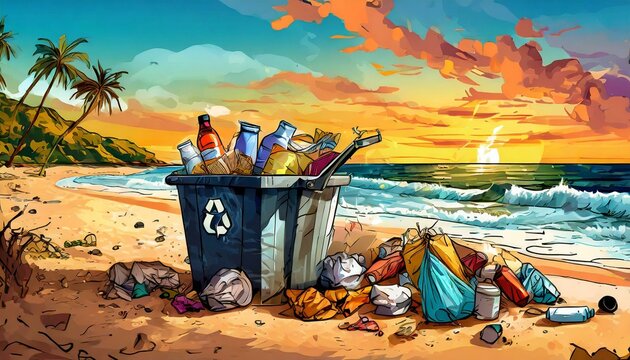 Ilustração de coleta de lixo. Lixo na praia. Meio ambiente.