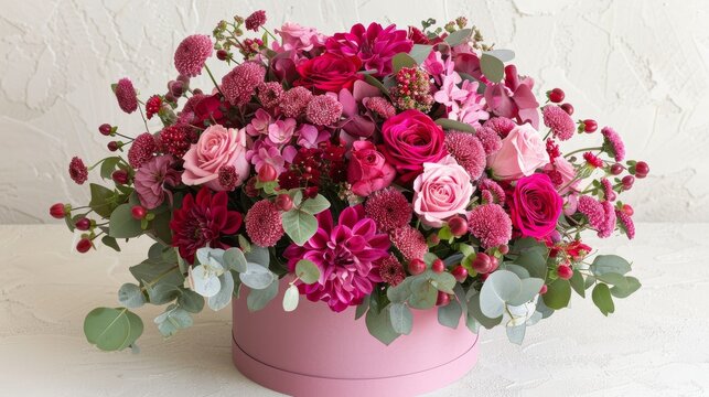 a pink vase filled with lots of pink flowers and greenery on top of a white table next to a white wall.