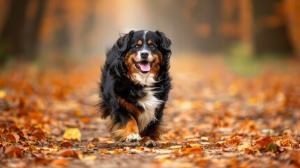 a black and brown dog running through a forest filled with lots of leaves on top of a leaf covered ground.