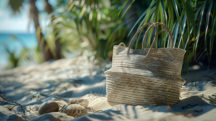 bag and beach accessories kept on sand realistic photo