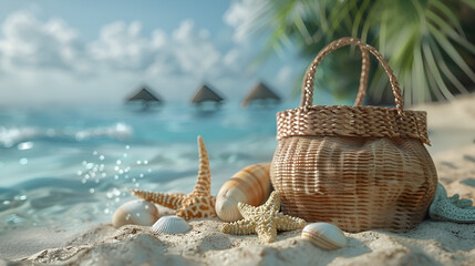 bag and beach accessories kept on sand realistic photo - obrazy, fototapety, plakaty