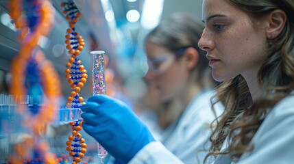 A woman in a lab coat holding a test tube in front of a DNA model