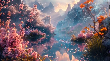 Enchanting 3D Illustrated Landscape of Majestic Mountains,Serene Lake,and Blooming Foliage at Magical Sunset