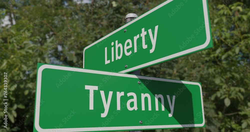 Canvas Prints Pan of Liberty, Tyranny Two Way Green Road Sign Along The Road.
