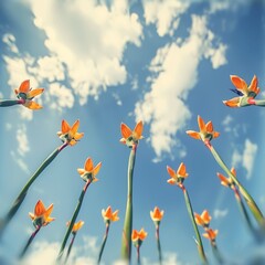 Obraz premium a group of orange flowers in the middle of a blue sky with clouds in the back ground and a blue sky with white clouds in the background.