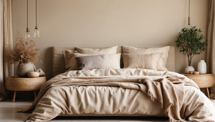 Fototapeta na wymiar Modern house interior details Simple cozy beige bedroom