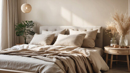 Fototapeta na wymiar Modern house interior details Simple cozy beige bedroom
