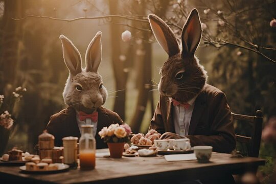 Two people in rabbit masks sit at a table set for tea in a whimsical outdoor setting, evoking a magical, storybook atmosphere.
