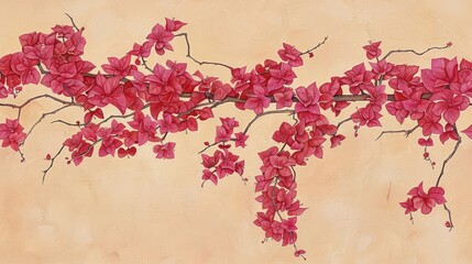 Obraz na płótnie Canvas a painting of a branch with pink flowers on a light brown background with a light pink wall in the background.