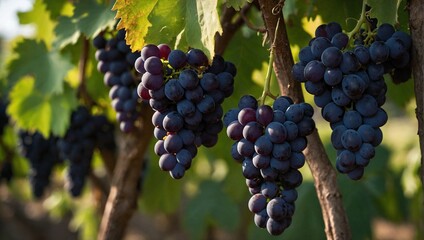 Fototapeta premium Black grapes hanging from a vine tree