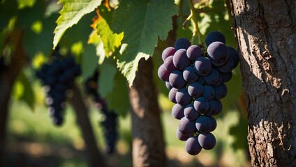 Black grapes hanging from a vine tree