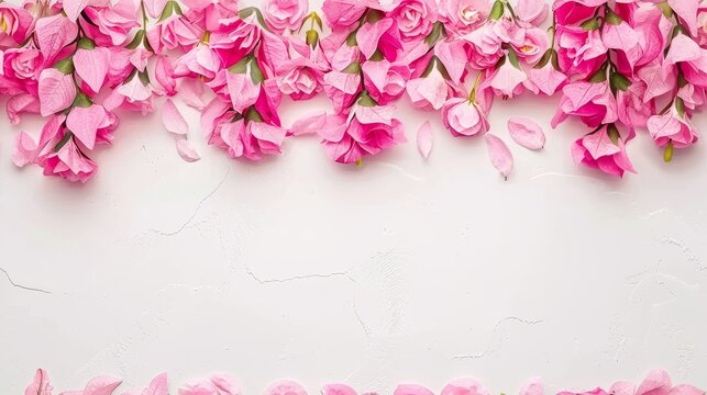 a bunch of pink flowers on a white background with a border of pink flowers on the left side of the frame.