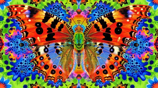 a close up of a colorful butterfly on a green, blue, red, and yellow tie - dye background.