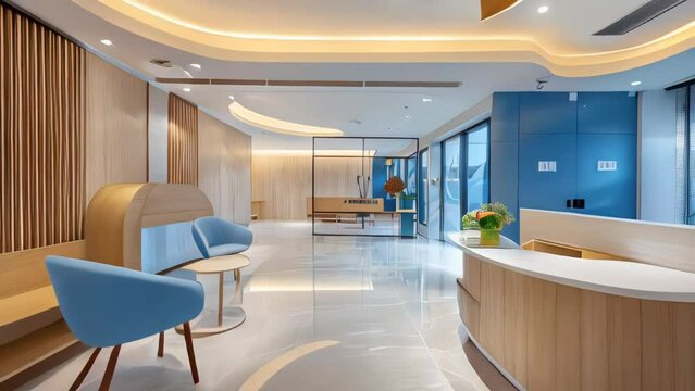 Modern hotel lobby with reception desk and blue chairs.