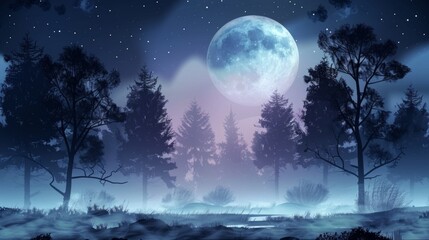 Dark forest with fog, gloomy dark scene with trees, big moon, moonlight.