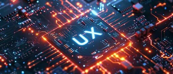 A close-up view with the acronym UX displayed on a microchip, representing the concept of  the User Experience.
 - obrazy, fototapety, plakaty